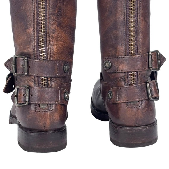 FRYE VERONICA BROWN DISTRESSED TALL MOTO EQUESTRIAN STYLE BACK ZIP LEATHER BOOTS - Picture 7 of 14